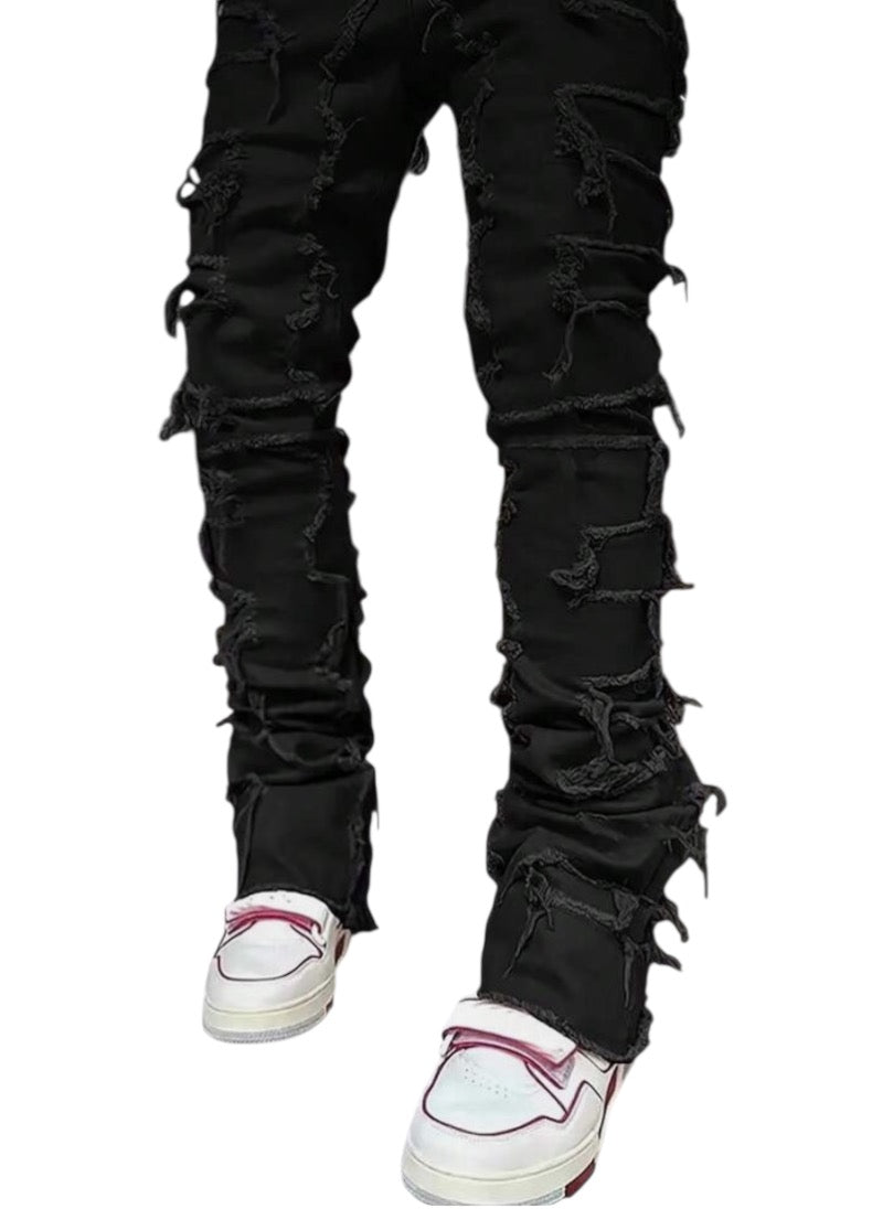 Black Men Stacked Jeans Ripped