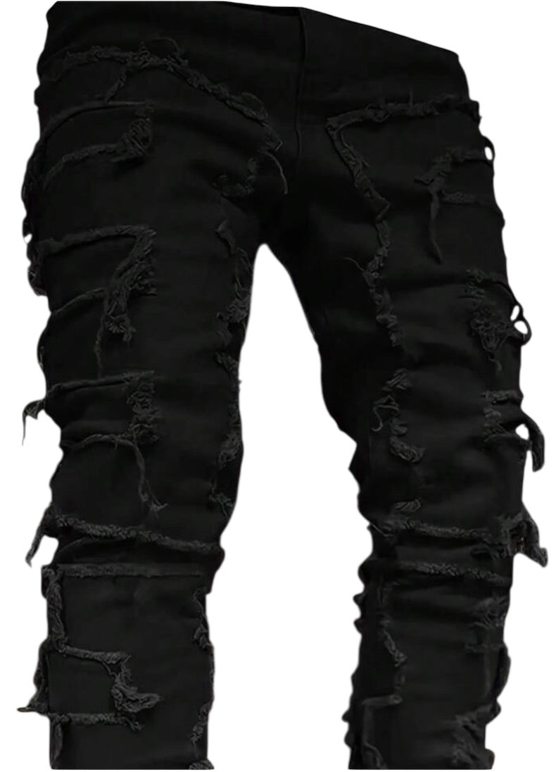 Black Men Stacked Jeans Ripped