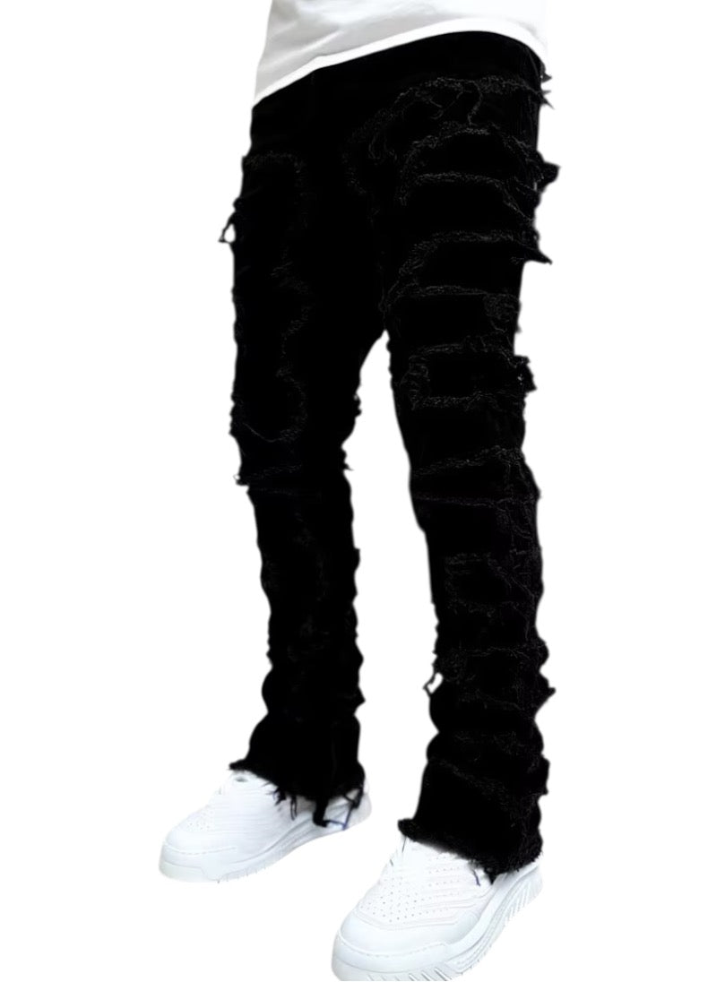 Black Men Stacked Jeans Ripped